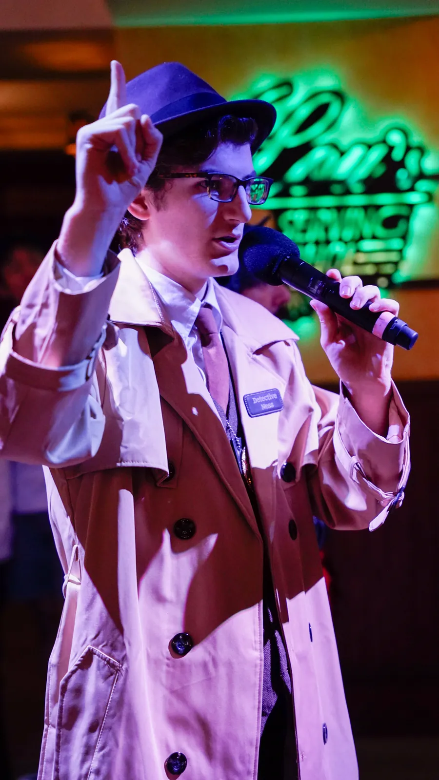 A Murder Mystery Company actor working the room at a Billings show